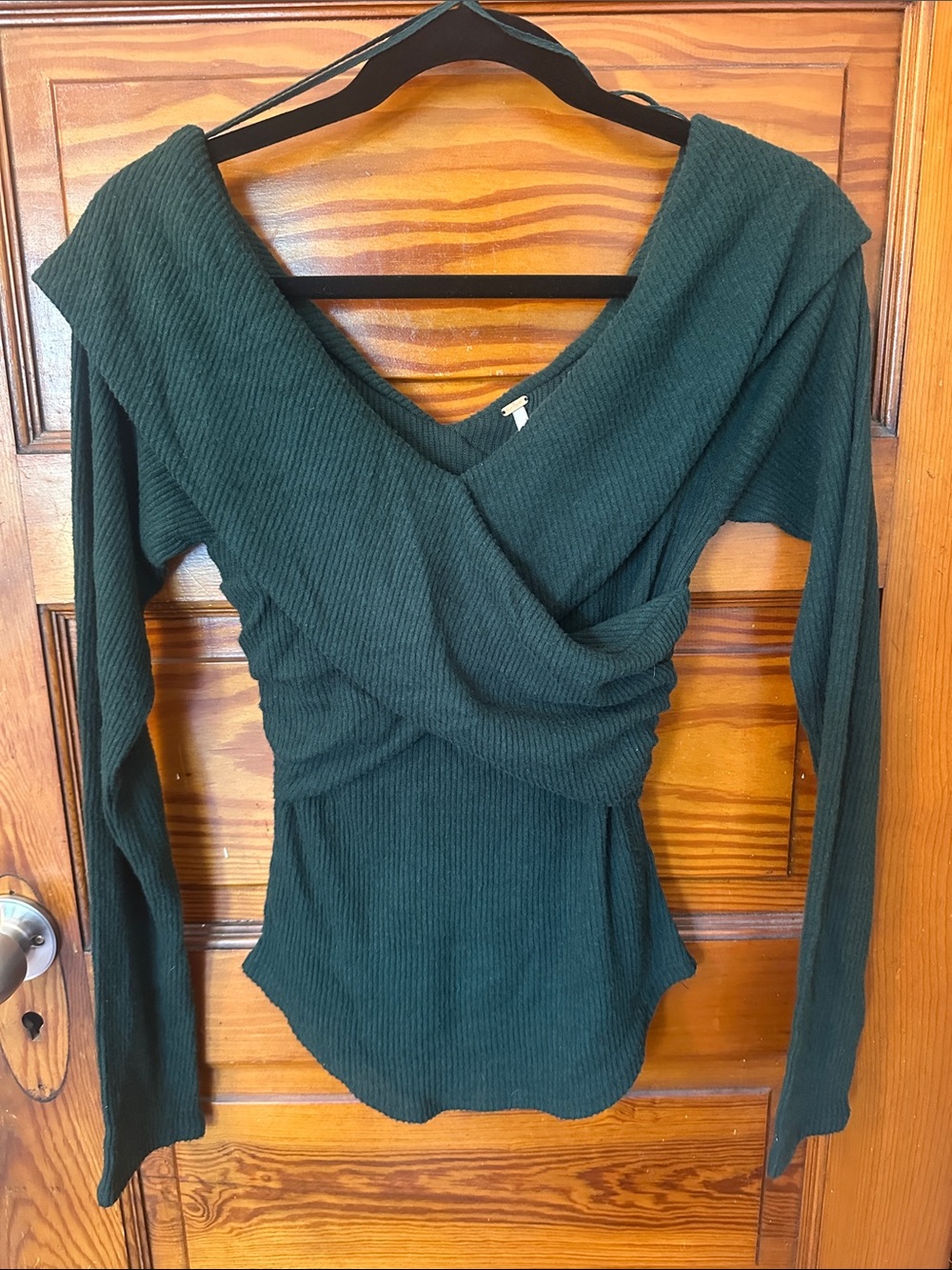 Free People Dark Green Ribbed Wrap V-Neck Sweater
